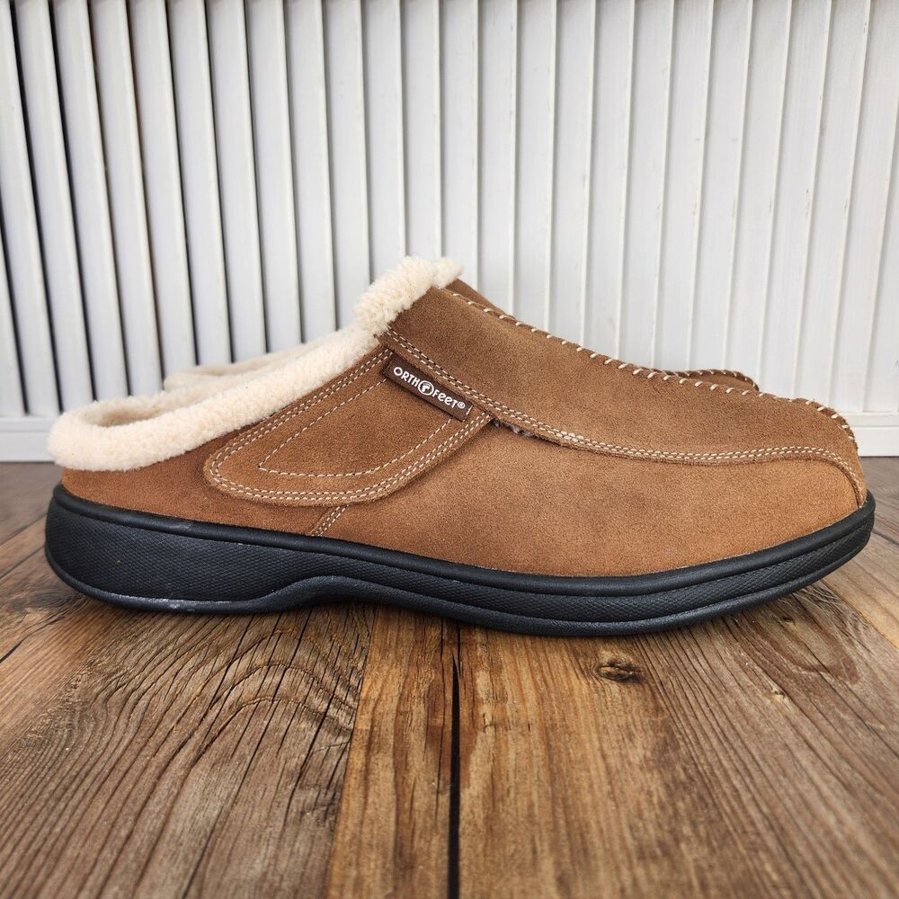 Orthofeet Asheville Slippers Mens Sz 12 EE Wide Brown Suede Faux Fur Lined Shoes